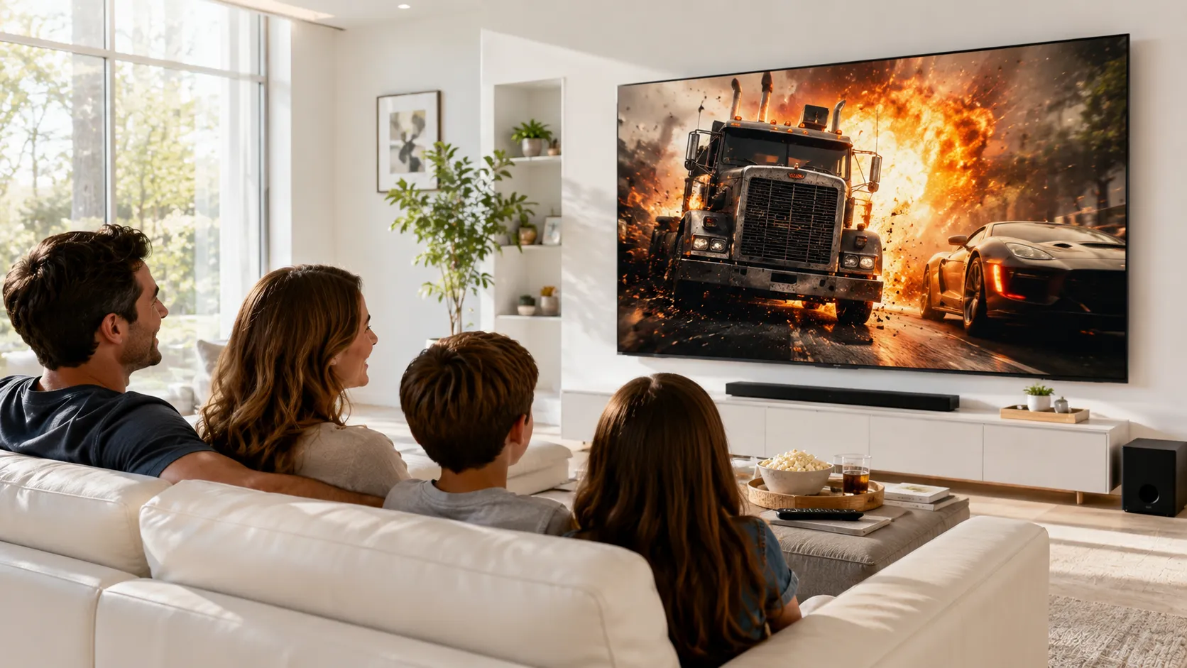 4K Ultra HD television displaying crisp IPTV stream with HDR color showing sports content and movie channels