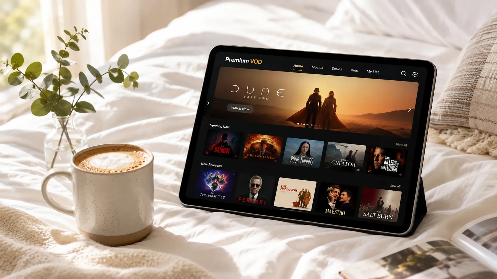 Person testing IPTV free trial on Fire TV Stick connected to television, evaluating channel quality and EPG data
