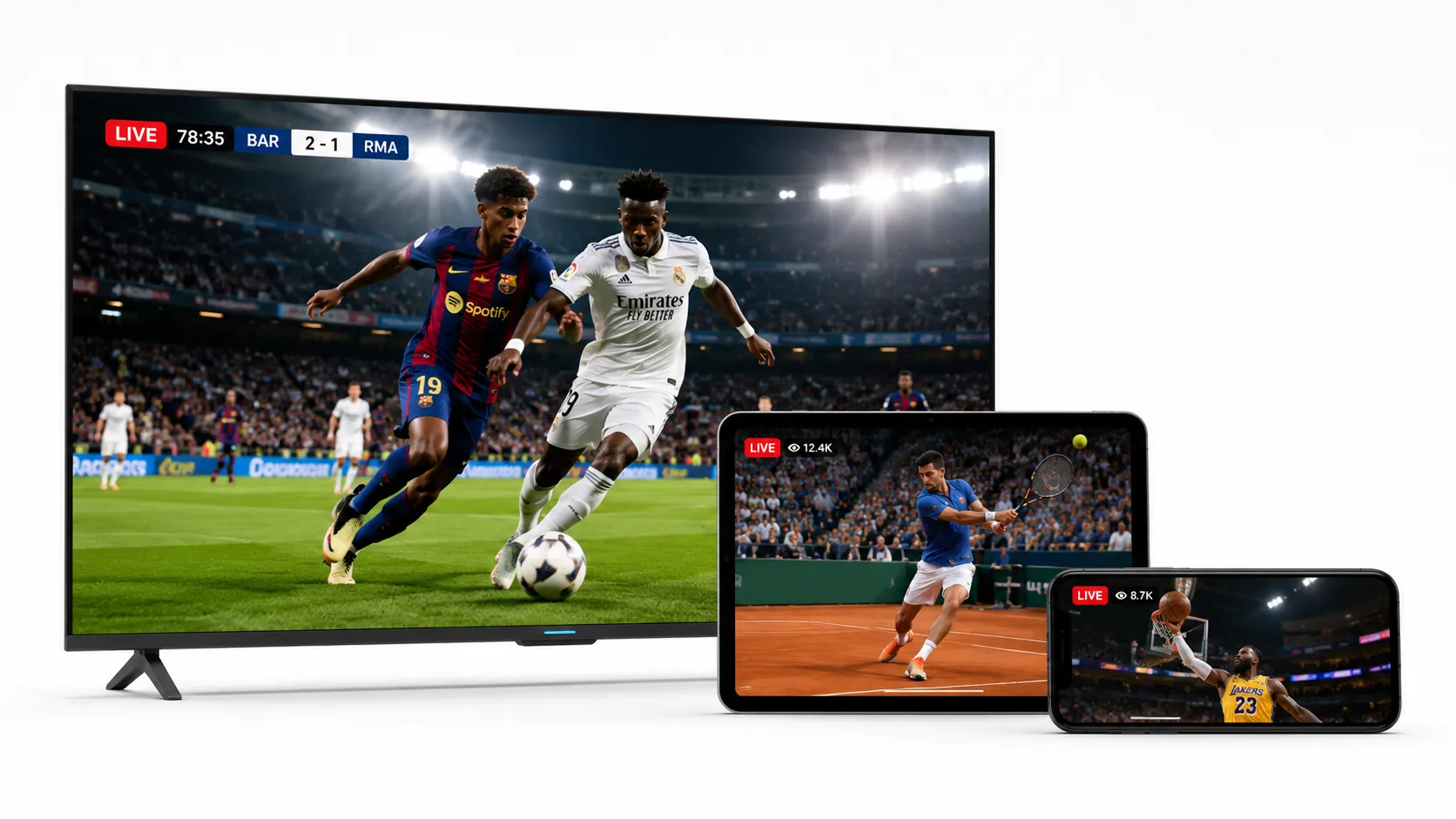 IPTV service guide showing playlist management and live channel streaming on multiple devices