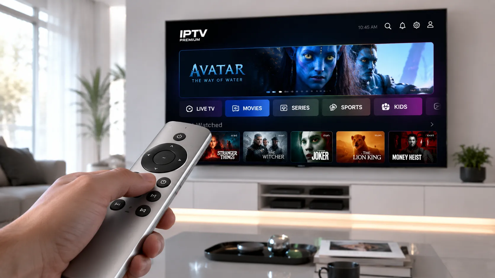 Diagram showing how IPTV delivers live TV channels over an internet connection to multiple devices including smart TV, tablet, and smartphone
